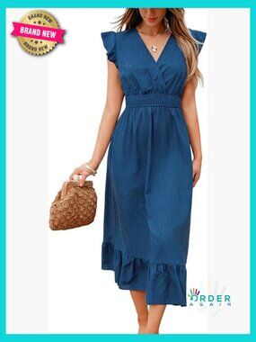 Maxi Dress V Neck Short Flutter Sleeve Ruffled Flowy Long Dresses Casual Summer